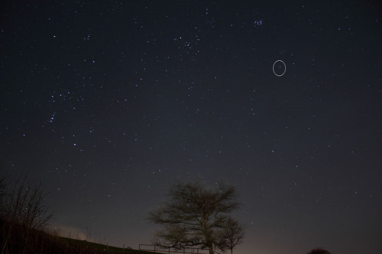 Orion, Taurus, Pleiades + comet Lovejoy  by Andy Heenan. 16th January 23.56 UT.Canon EOS 600d, f/3.6 ISO-800 30 secs.